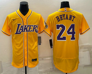 Mens Los Angeles Lakers #24 Kobe Bryant Yellow Stitched Flex Base Nike Baseball Jersey->->NBA Jersey